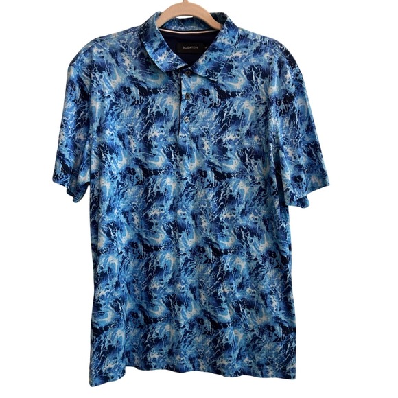 Bugatchi Other - Bugatchi Mens Size L Blue Ocean Wave Print Mercerized Cotton Polo Shirt
